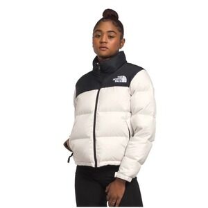 The North Face Puffer Jacket Womens Large White Black Excellent Colorblock Zip